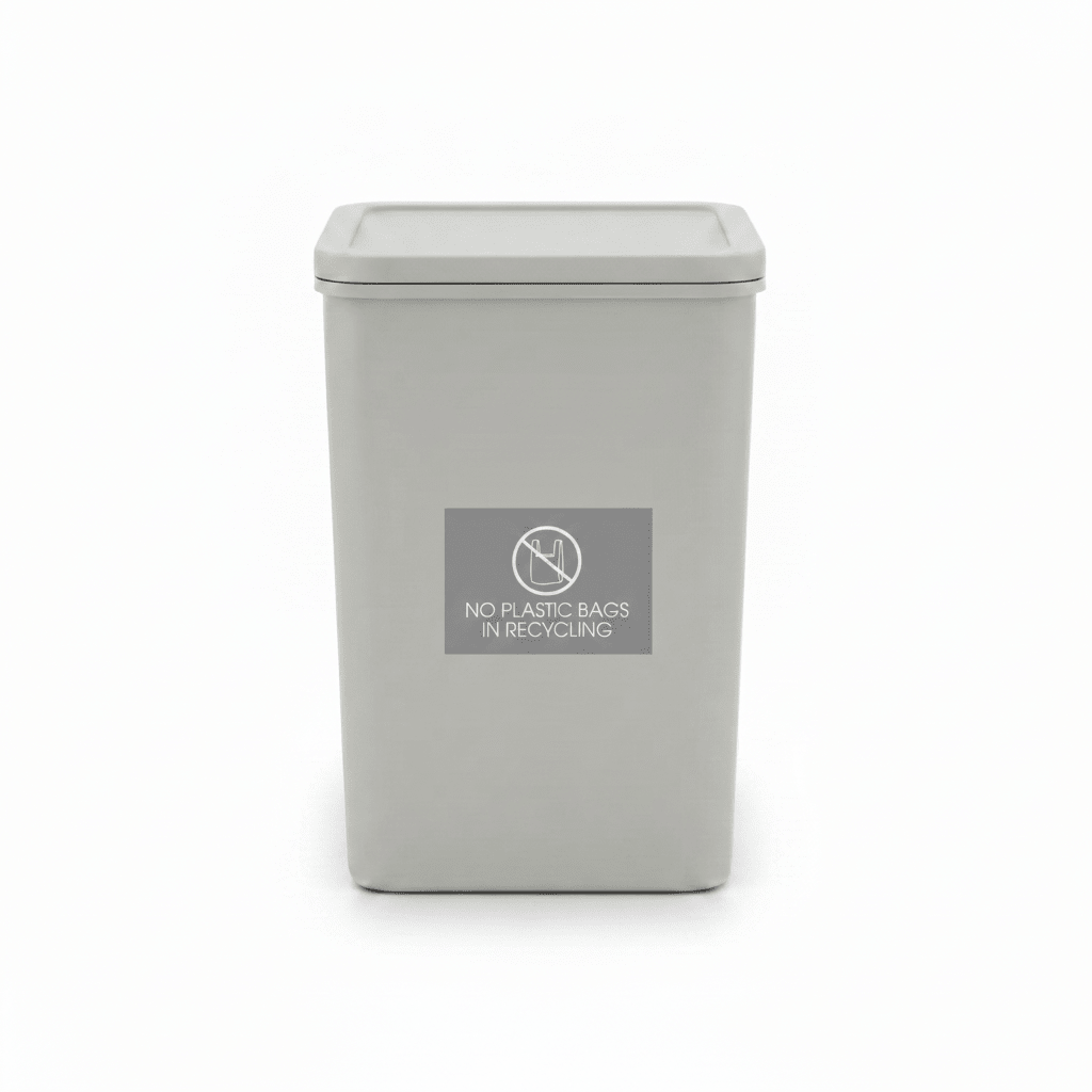 No Plastic Bags in Recycling Grey Background Bin Sticker - New Signs