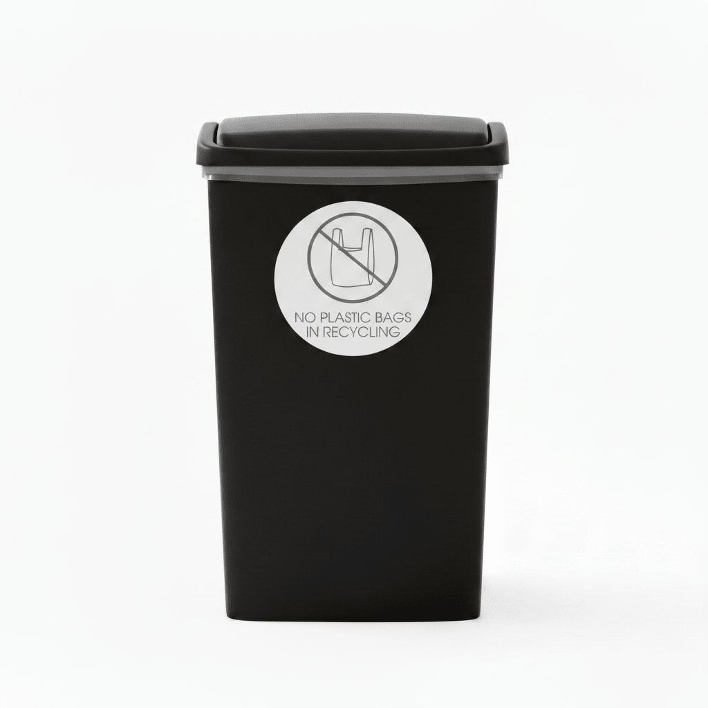 No Plastic Bags in Recycling Grey Circle Bin Sticker - New Signs