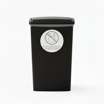 No Plastic Bags in Recycling Grey Circle Bin Sticker - New Signs