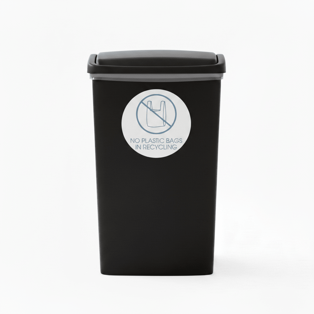 No Plastic Bags in Recycling Ocean Circle Bin Sticker - New Signs