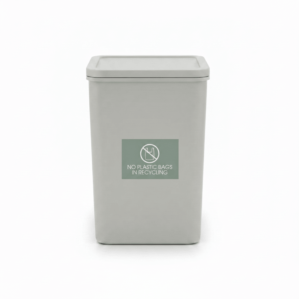 No Plastic Bags in Recycling Sage Background Bin Sticker - New Signs