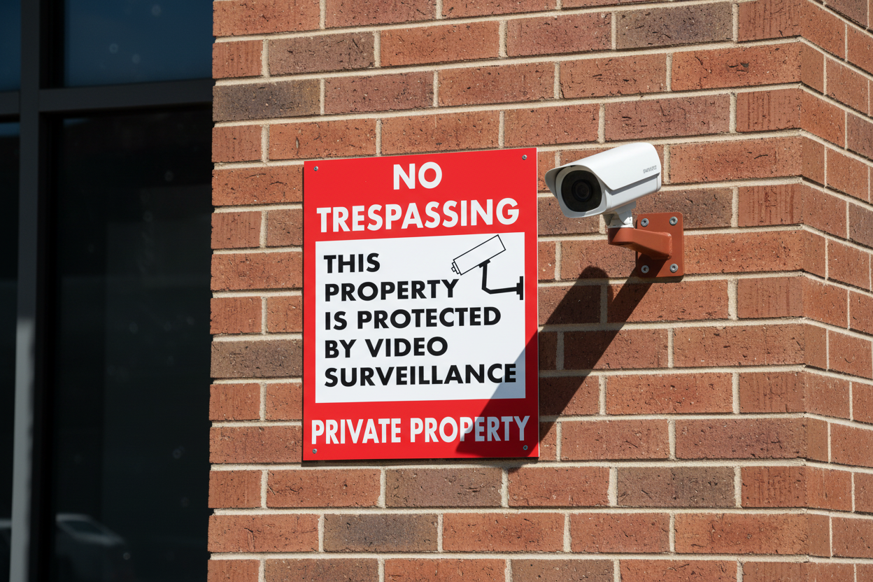 No Trespassing Sign on Brick Wall with Security Camera