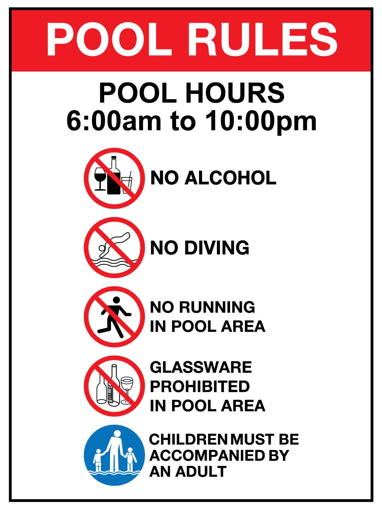 Pool Rules 1 Pool Hours 6am - 10pm - New Signs