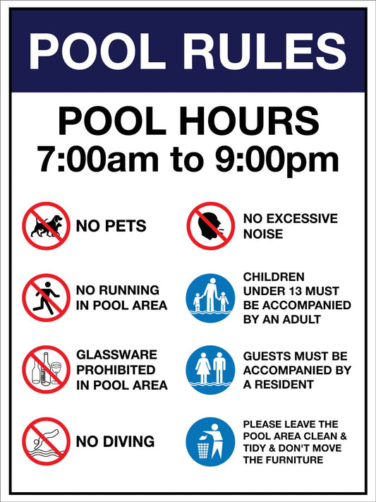 Pool Rules 1 Pool Hours 7am - 9pm - New Signs
