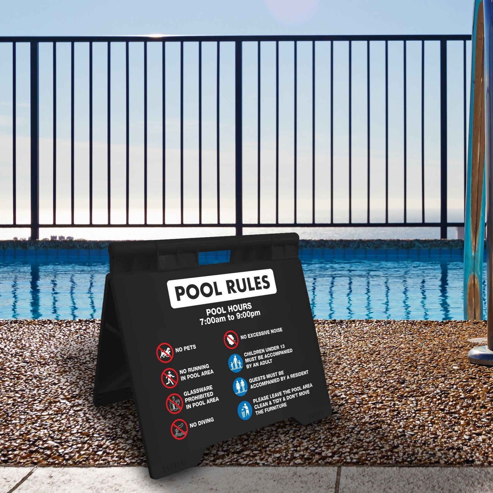 Pool Rules 1 Pool Hours 7am - 9pm - Evarite A - Frame Sign - New Signs