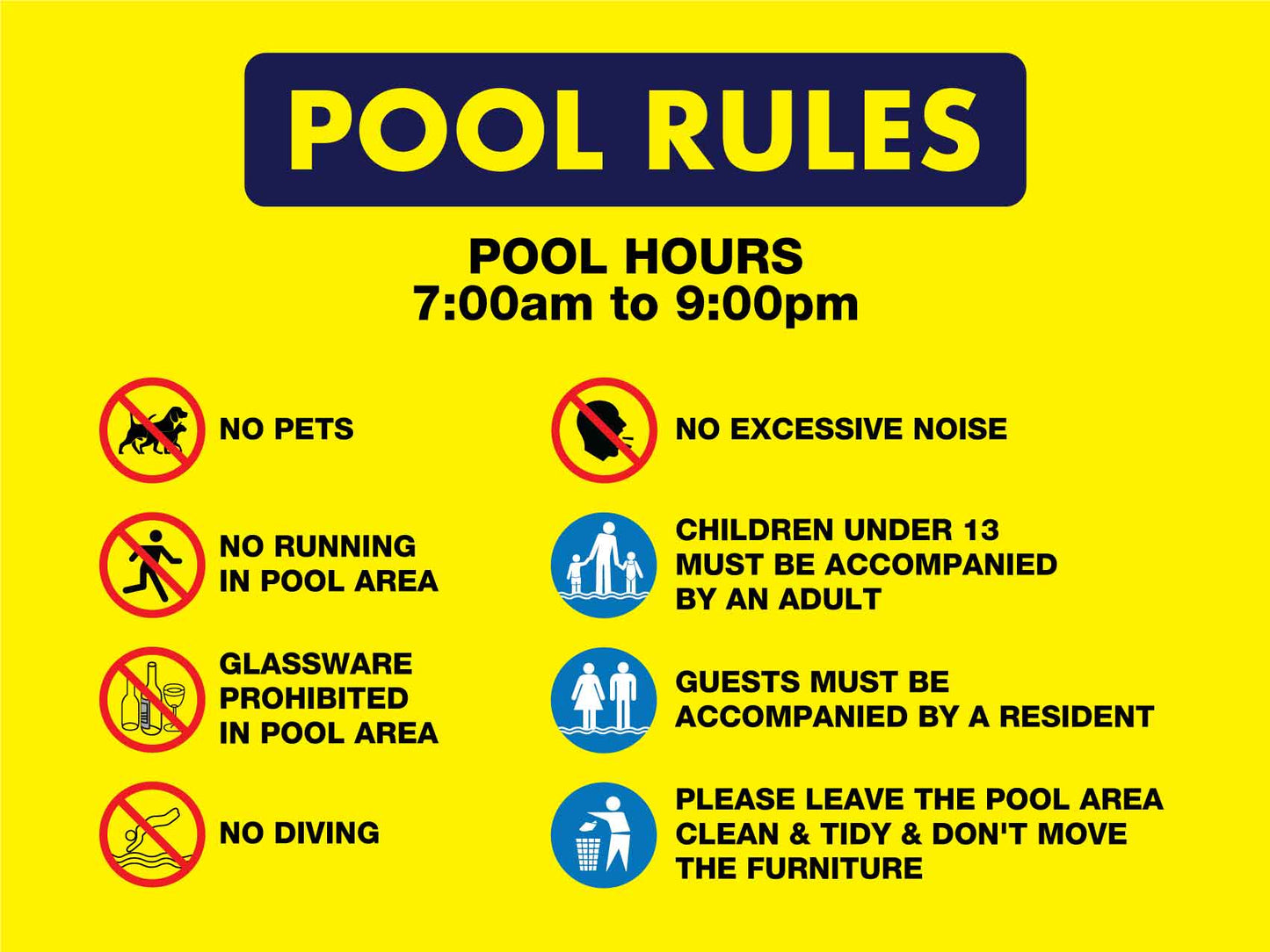 Pool Rules 1 Pool Hours 7am - 9pm Landscape Sign - New Signs