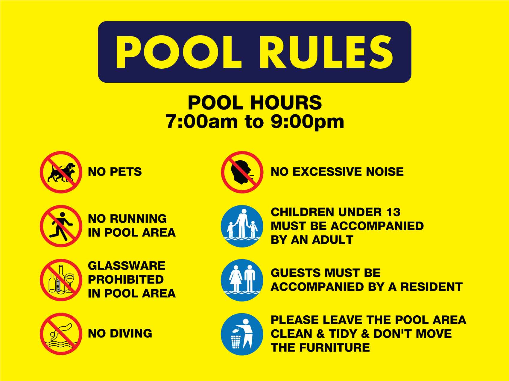 Pool Rules 1 Pool Hours 7am - 9pm Landscape Sign - New Signs