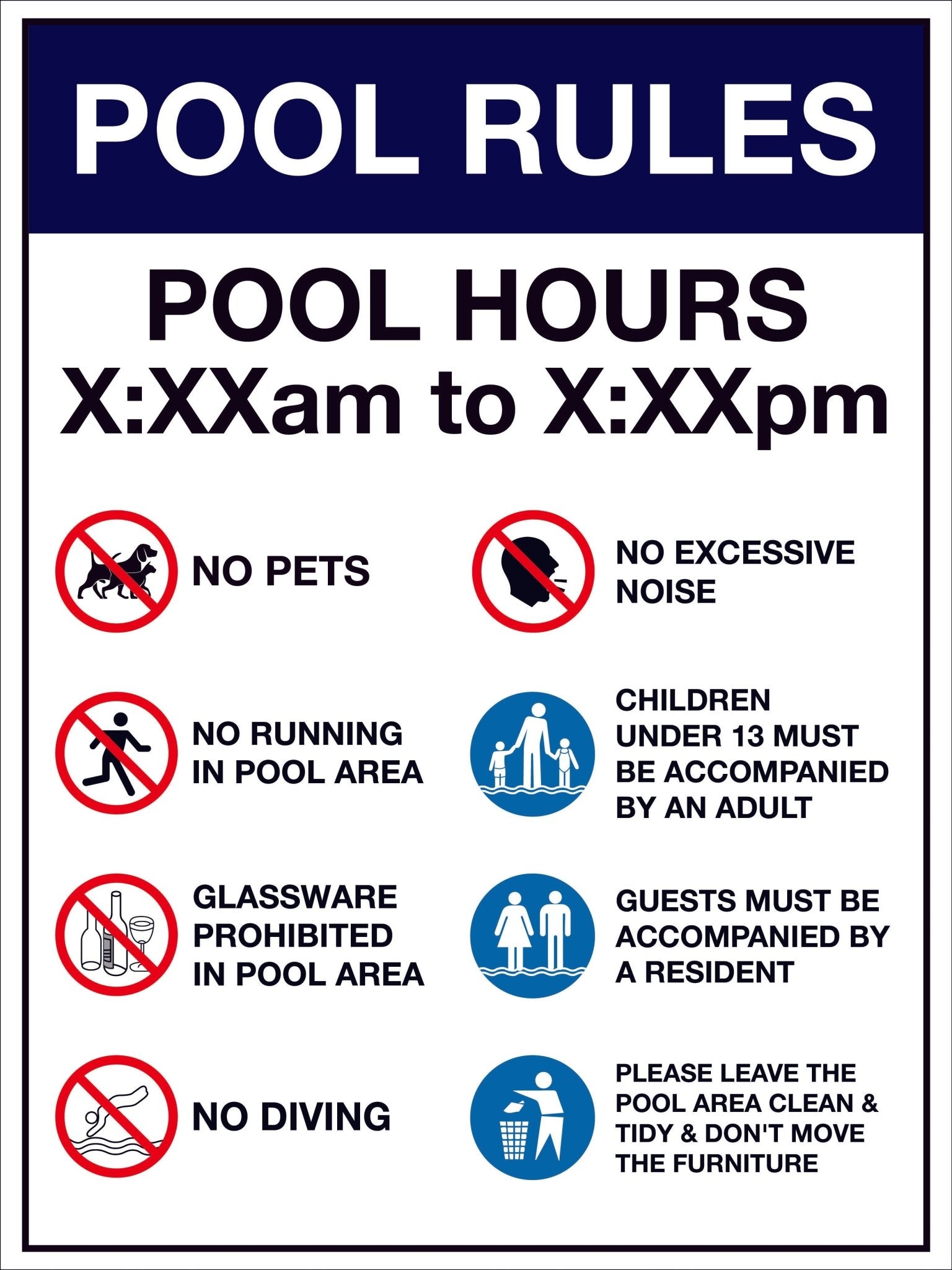 Pool Rules 1 Pool Hours Custom Blue Sign - New Signs