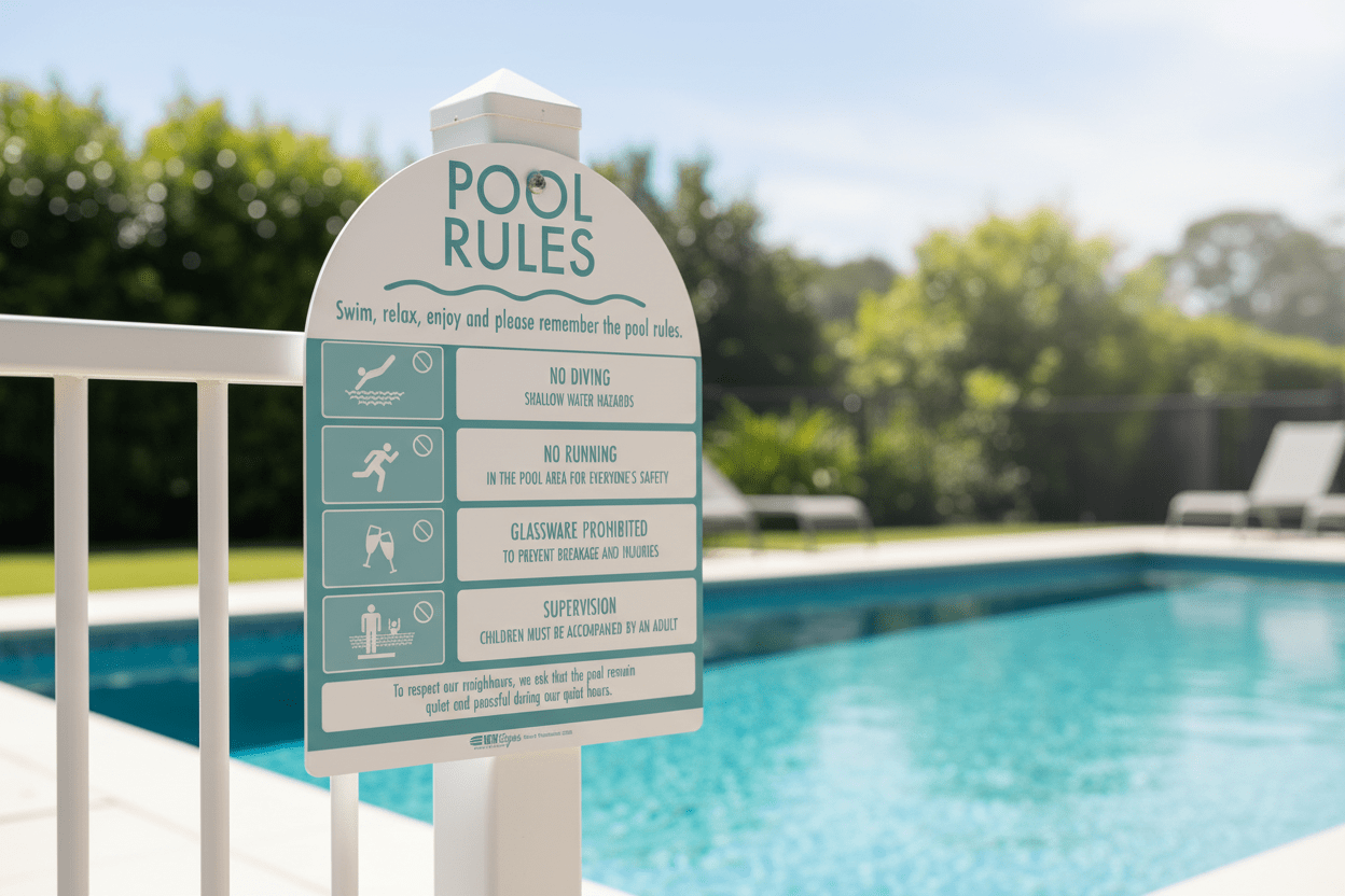 Pool Rules Sign Arch Aqua – New Signs