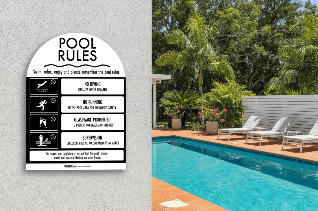 Pool Rules Sign Arch Black – New Signs