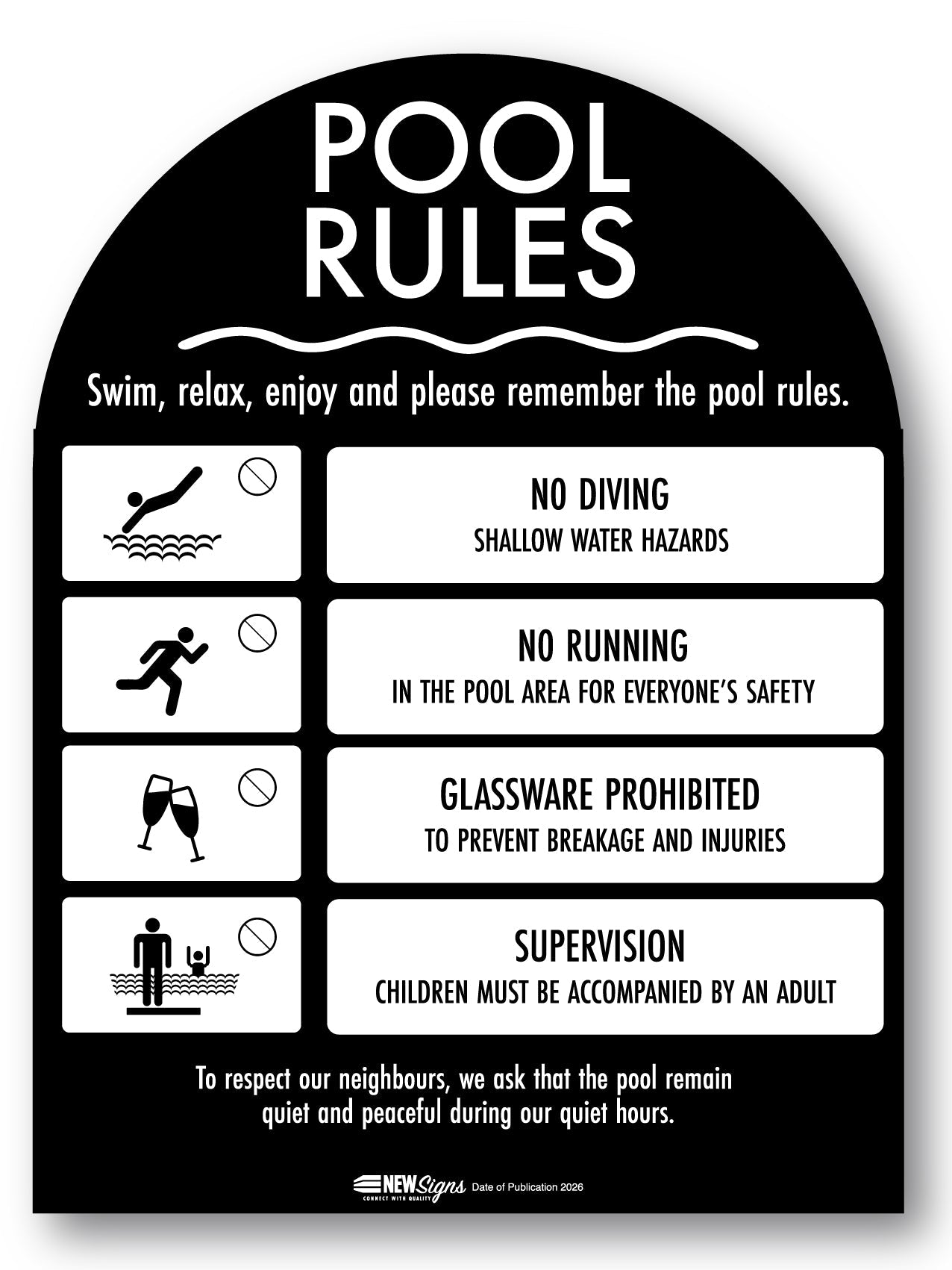 Pool Rules Sign Arch Black Background - New Signs