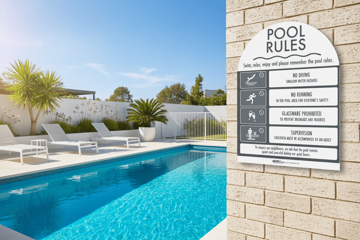 Pool Rules Sign Arch Charcoal - New Signs