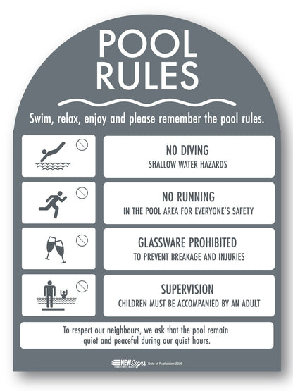 Pool Rules Sign Arch Charcoal Background - New Signs