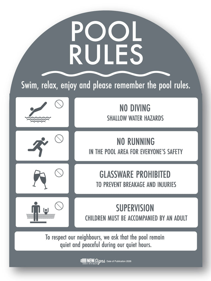Pool Rules Sign Arch Charcoal Background – New Signs