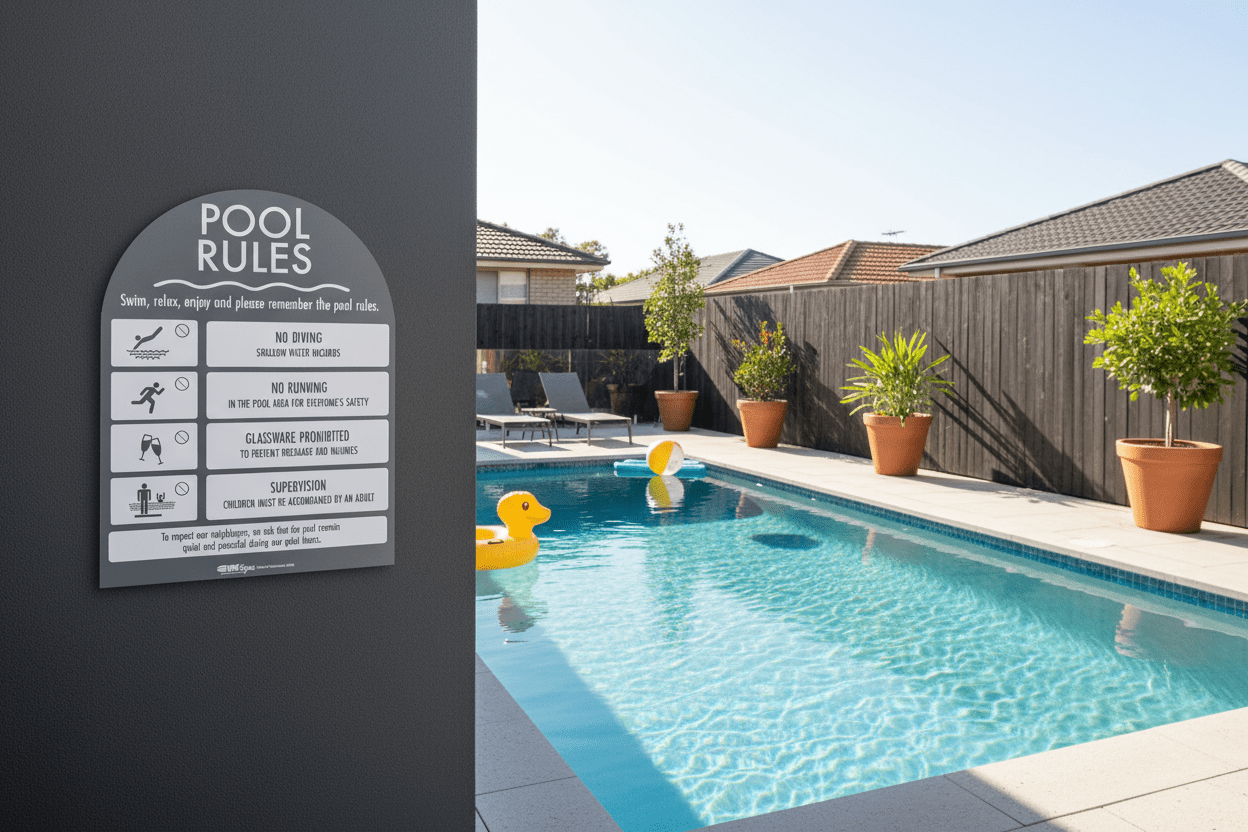 Pool Rules Sign Arch Charcoal Background - New Signs