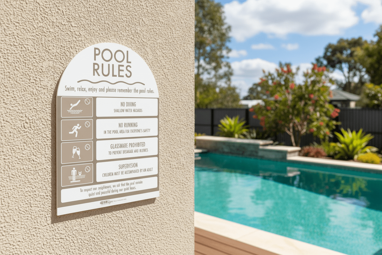 Pool Rules Sign Arch Fawn - New Signs