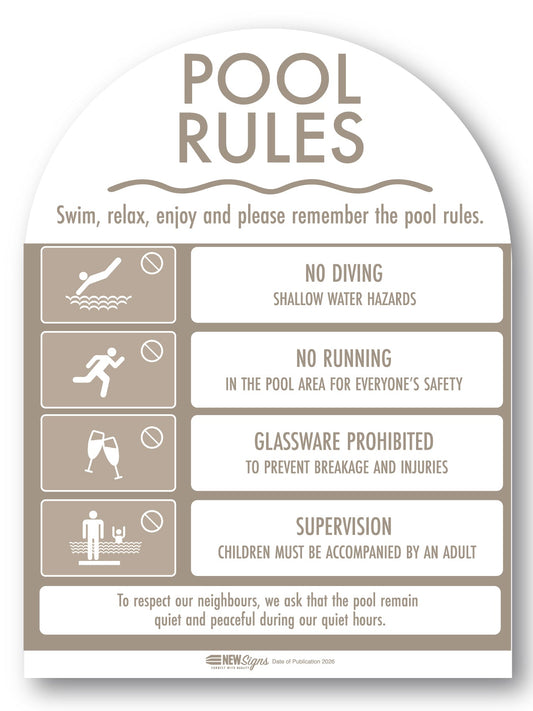 Pool Rules Sign Arch Fawn - New Signs