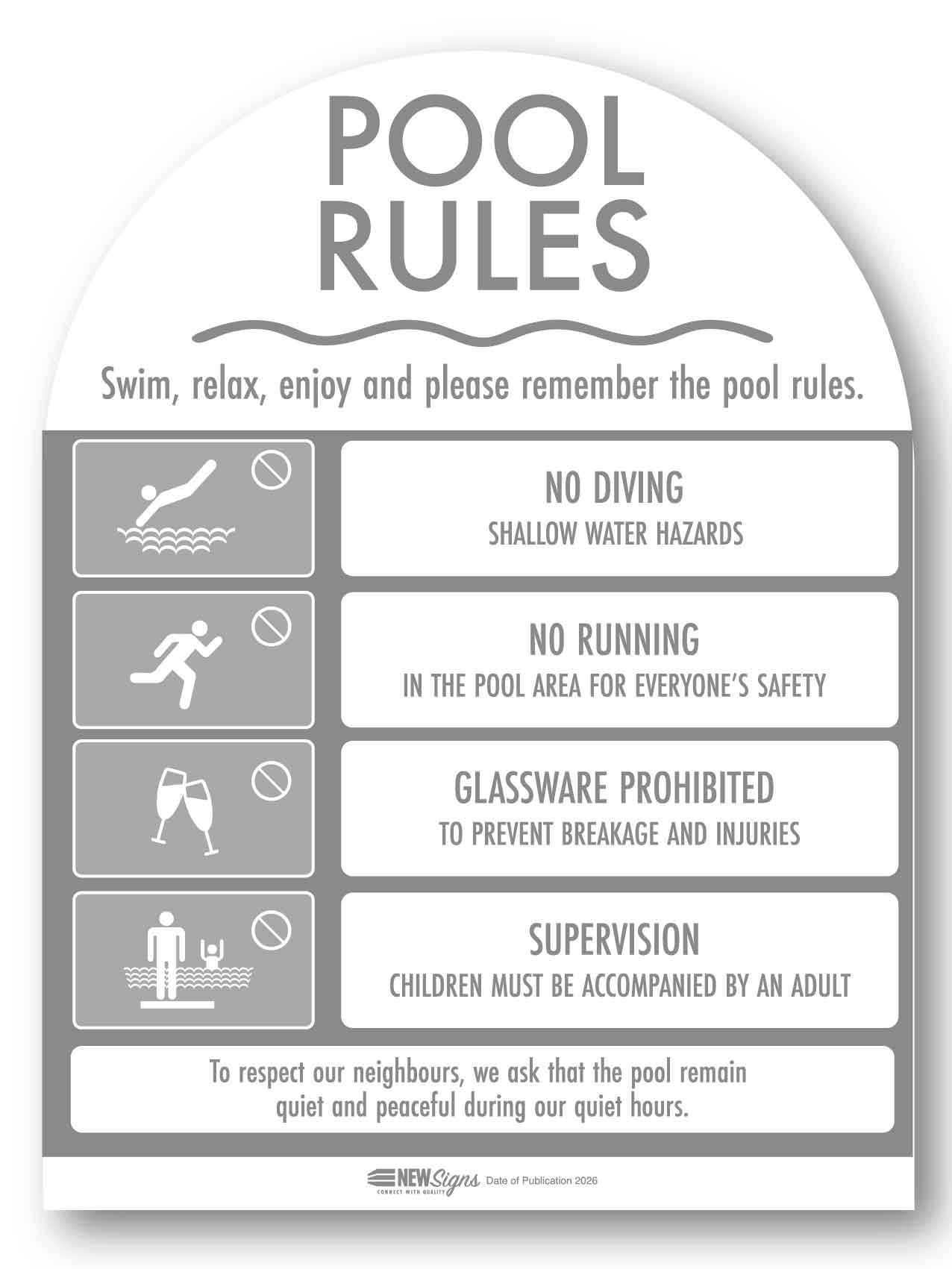 Pool Rules Sign Arch Grey - New Signs