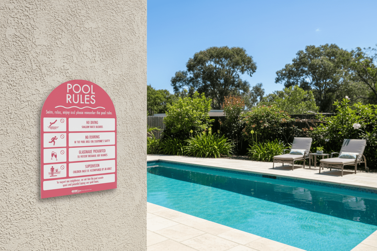 Pool Rules Sign Arch Rose Background - New Signs