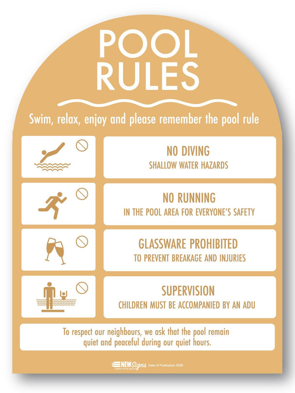 Pool Rules Sign Arch Sand Background – New Signs