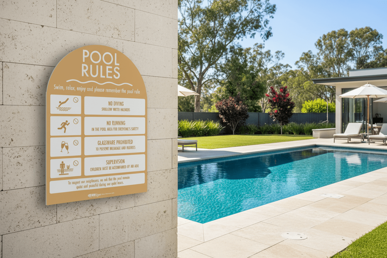Pool Rules Sign Arch Sand Background - New Signs