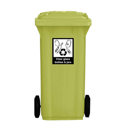 Recycle Clear Glass Bottles & Jars Wheelie Bin Stickers - New Signs