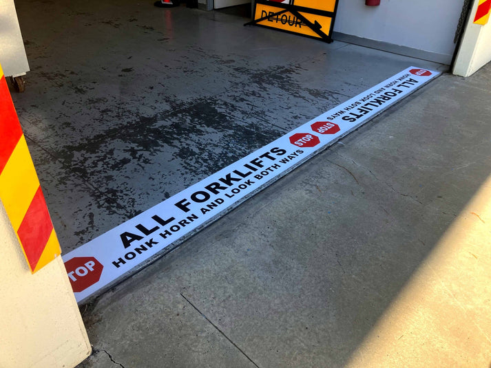 Stop All Forklifts Honk Horn and Look Both Ways - Floor Sticker – New Signs