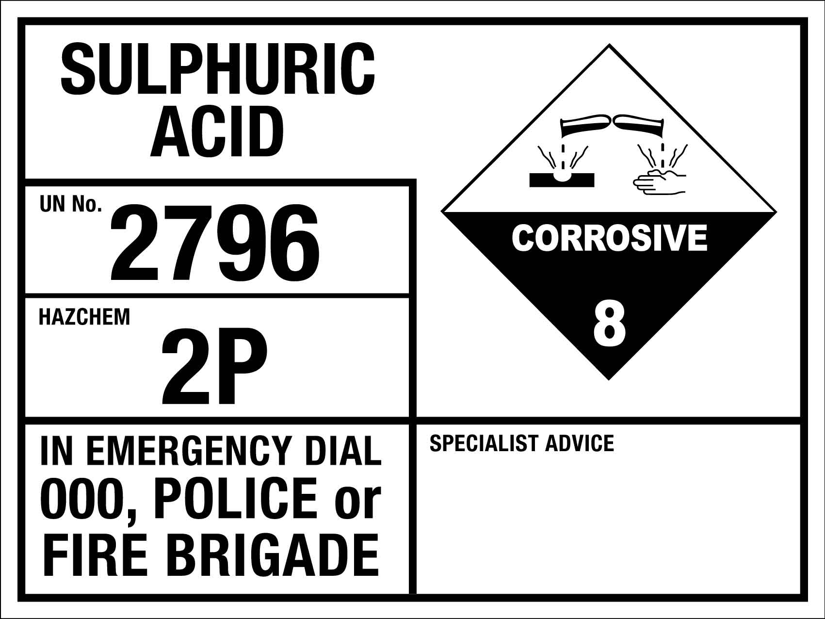 Sulphuric Acid 2796 2P Emergency Information Sign - New Signs