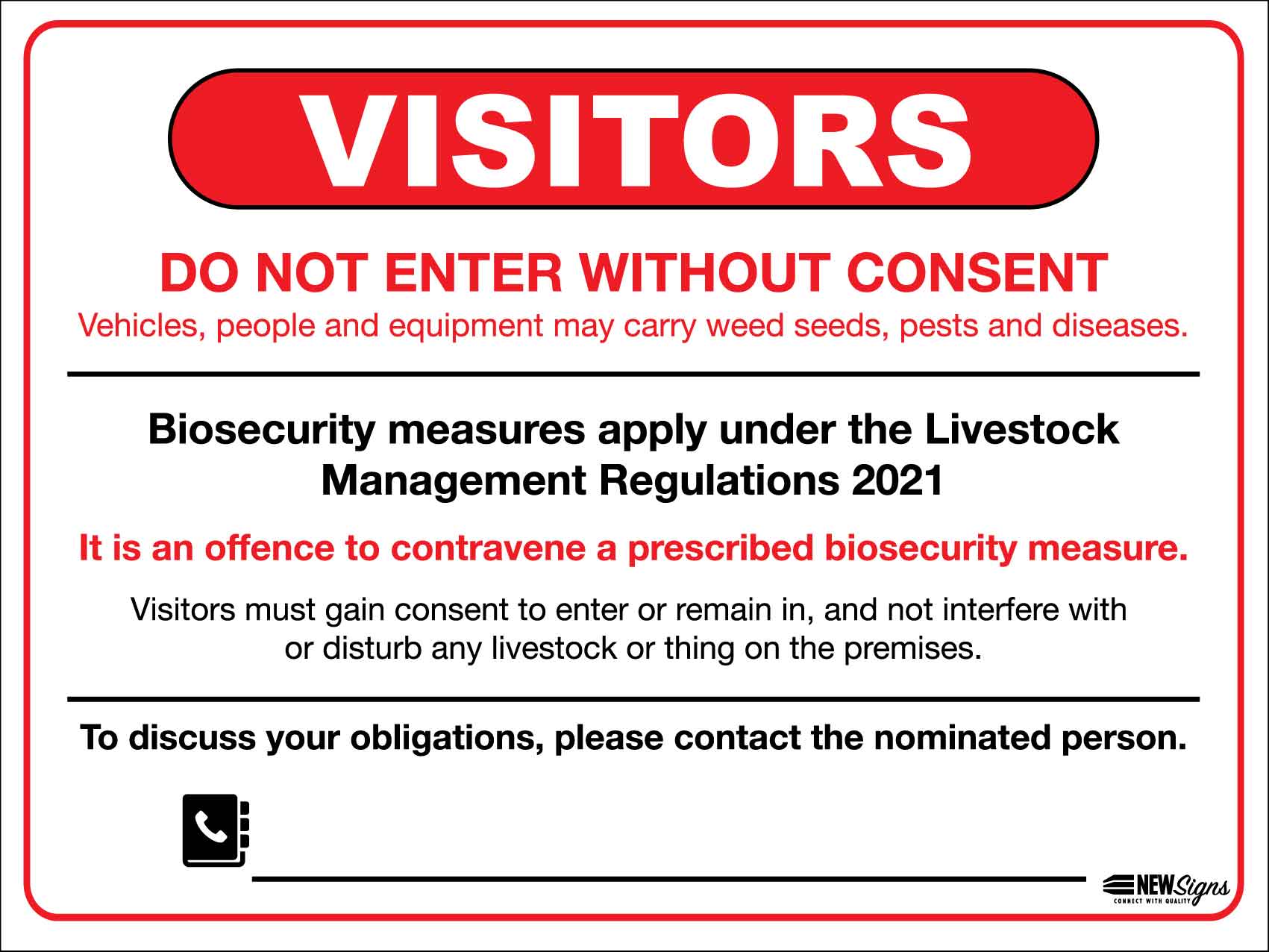 Visitors Biosecurity Do Not Enter Without Consent Sign - New Signs