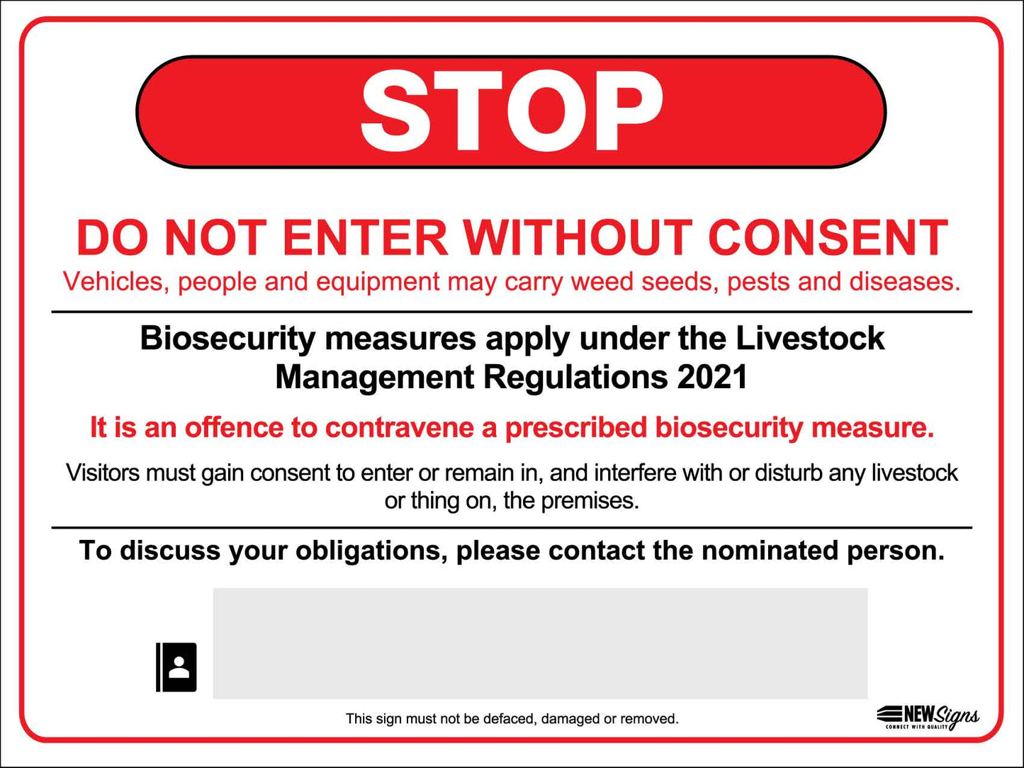 Visitors Biosecurity Stop Do Not Enter Without Consent VIC Sign - New Signs