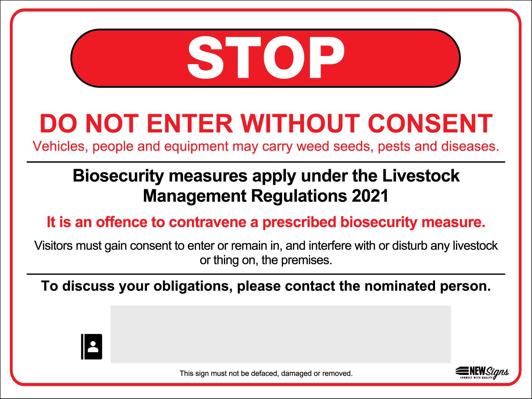 Visitors Biosecurity Stop Do Not Enter Without Consent VIC Sign - New Signs