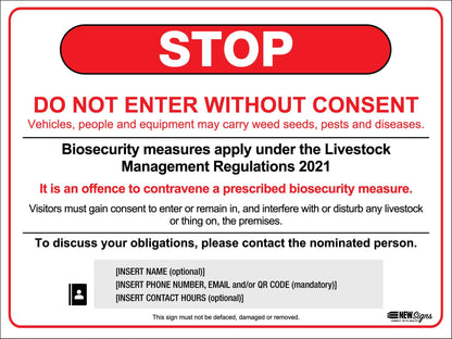 Visitors Biosecurity Stop Do Not Enter Without Consent VIC Sign - New Signs