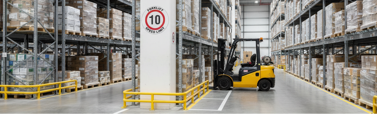 Warehouse with Forklift Speed Limit 10 Decal positioned lower and smaller