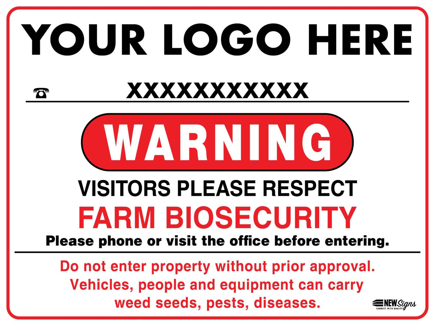 Warning Farm Biosecurity Red Custom Sign - New Signs