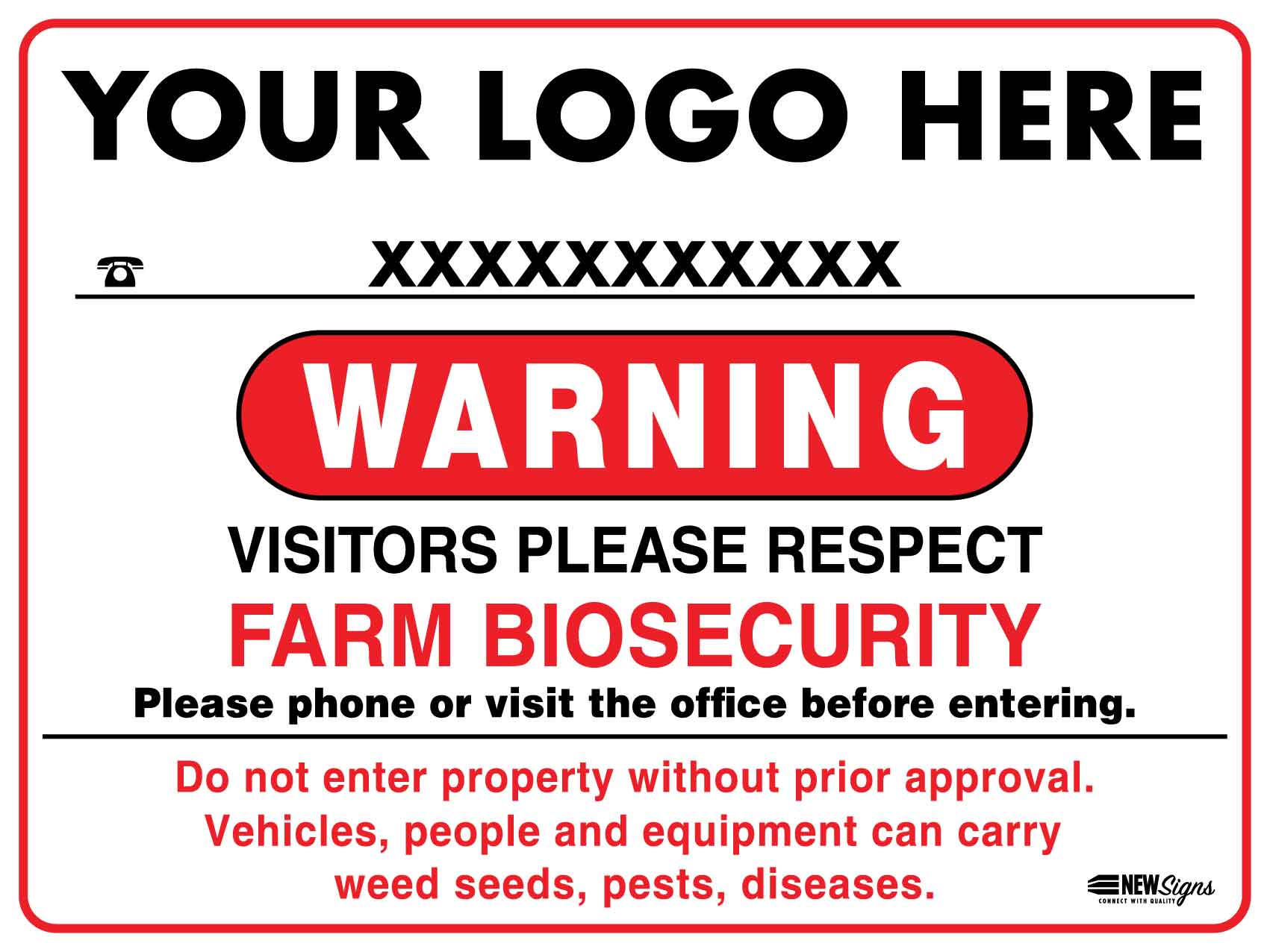 Warning Farm Biosecurity Red Custom Sign - New Signs