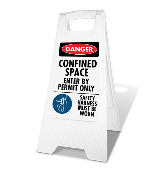 White A - Frame - Danger Confined Space Enter by Permit Only Safety Harness - New Signs