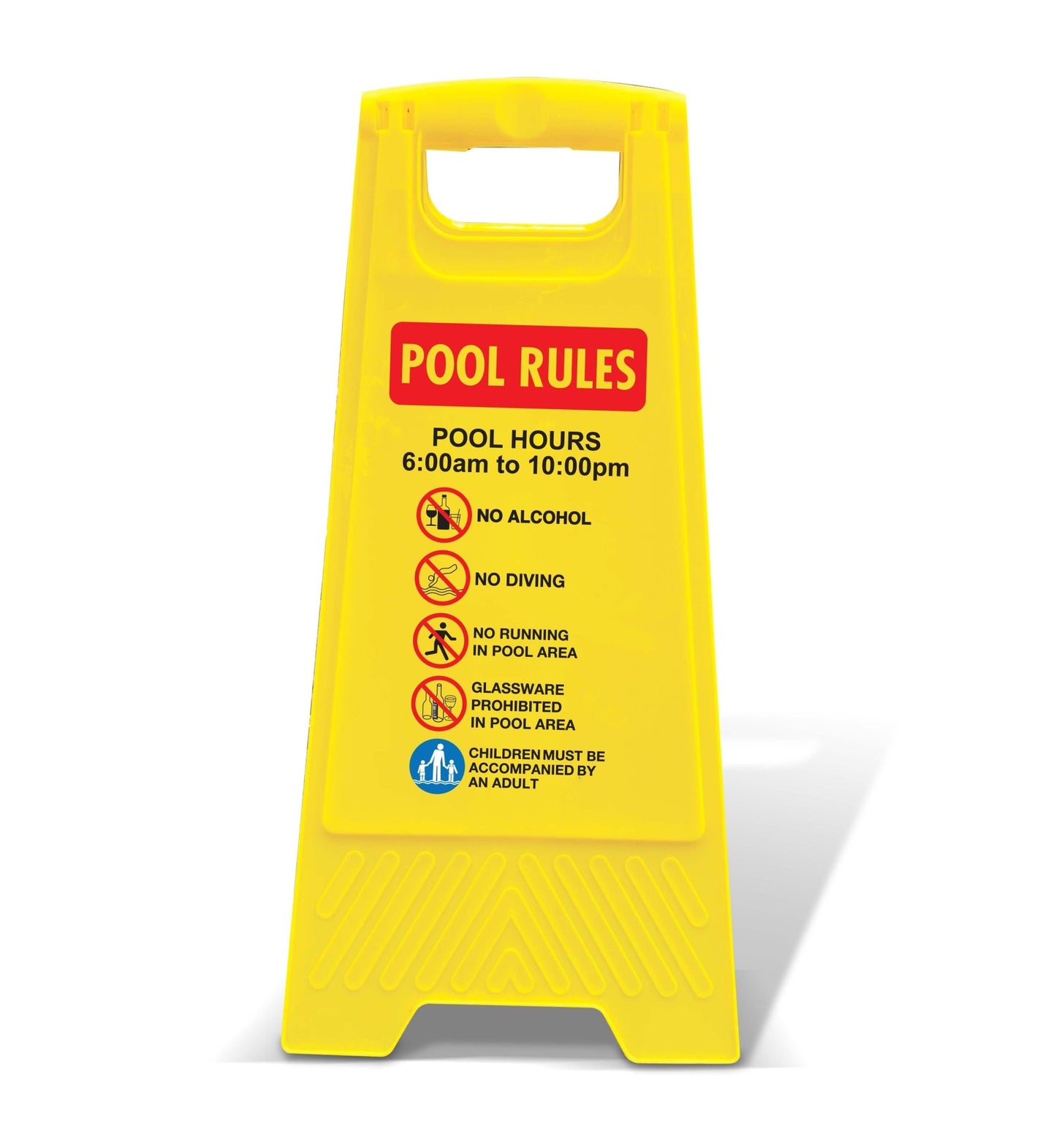 Yellow A - Frame - Pool Rules 1 Pool Hours 6am - 10pm - New Signs