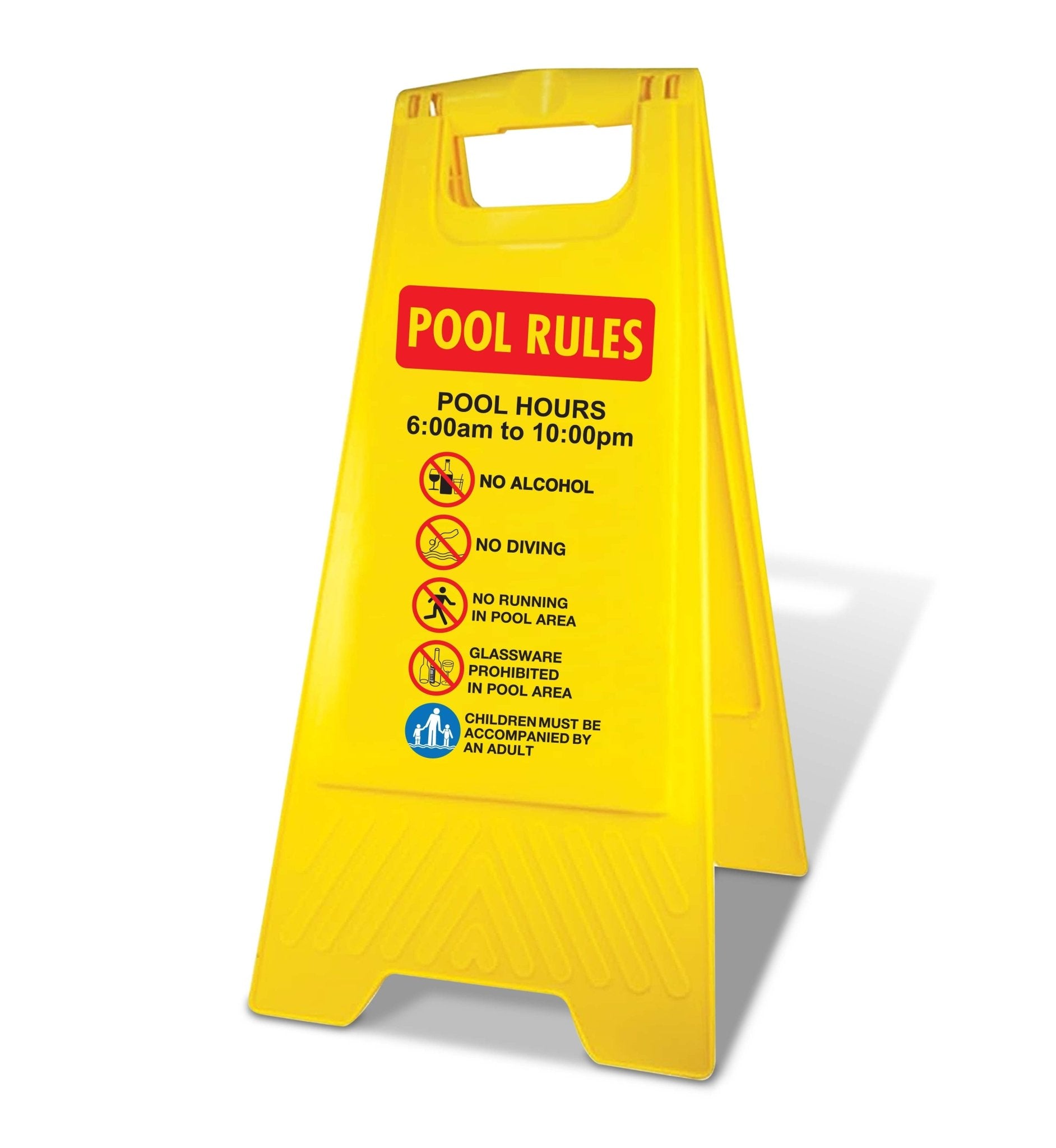 Yellow A - Frame - Pool Rules 1 Pool Hours 6am - 10pm - New Signs