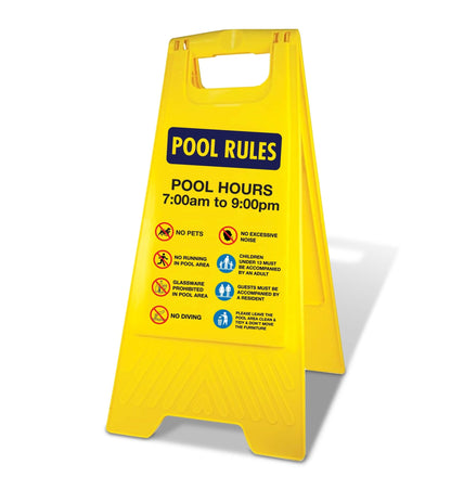 Yellow A - Frame - Pool Rules 1 Pool Hours 7am - 9pm - New Signs