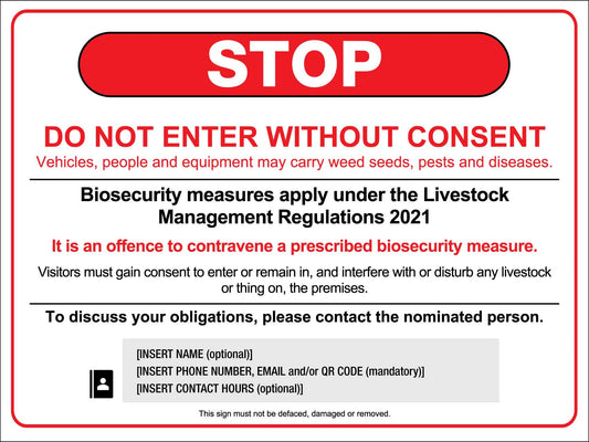 Visitors Biosecurity Stop Do Not Enter Without Consent VIC Sign