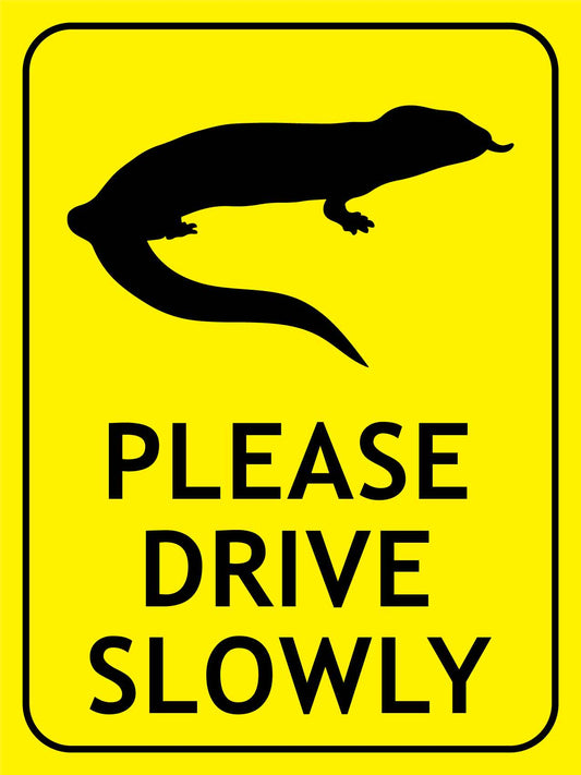Blue Tongue Lizard Please Drive Slowly Bright Yellow Sign