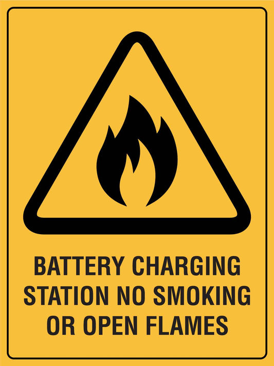 Caution Battery Charging Station No Smoking or Open Flame Sign