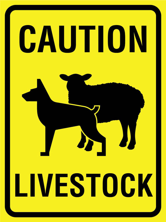 Caution Livestock Sheep and Dog Bright Yellow Sign