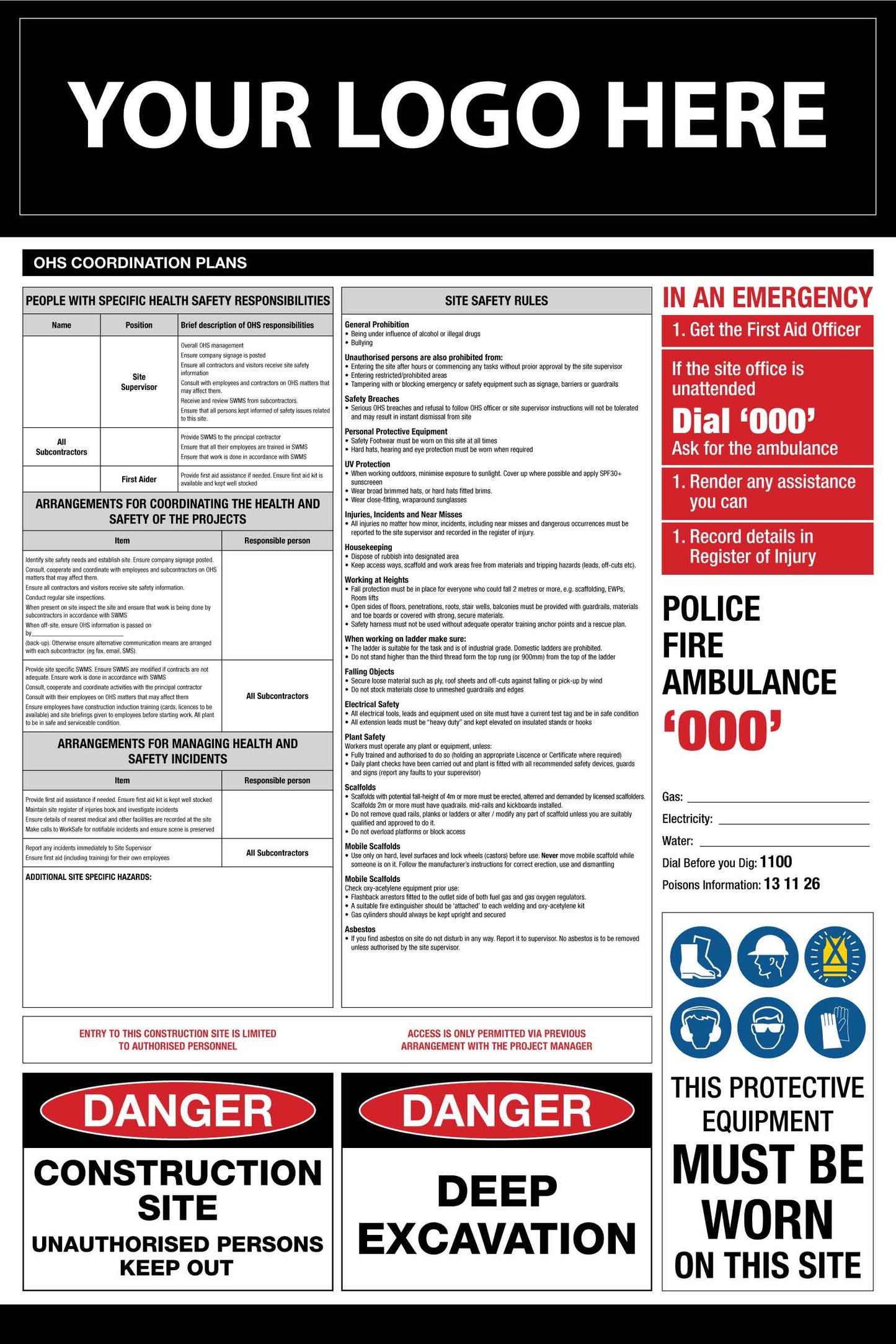 Construction Site Entry OHS and Safety Co-Ordination Plan Sign