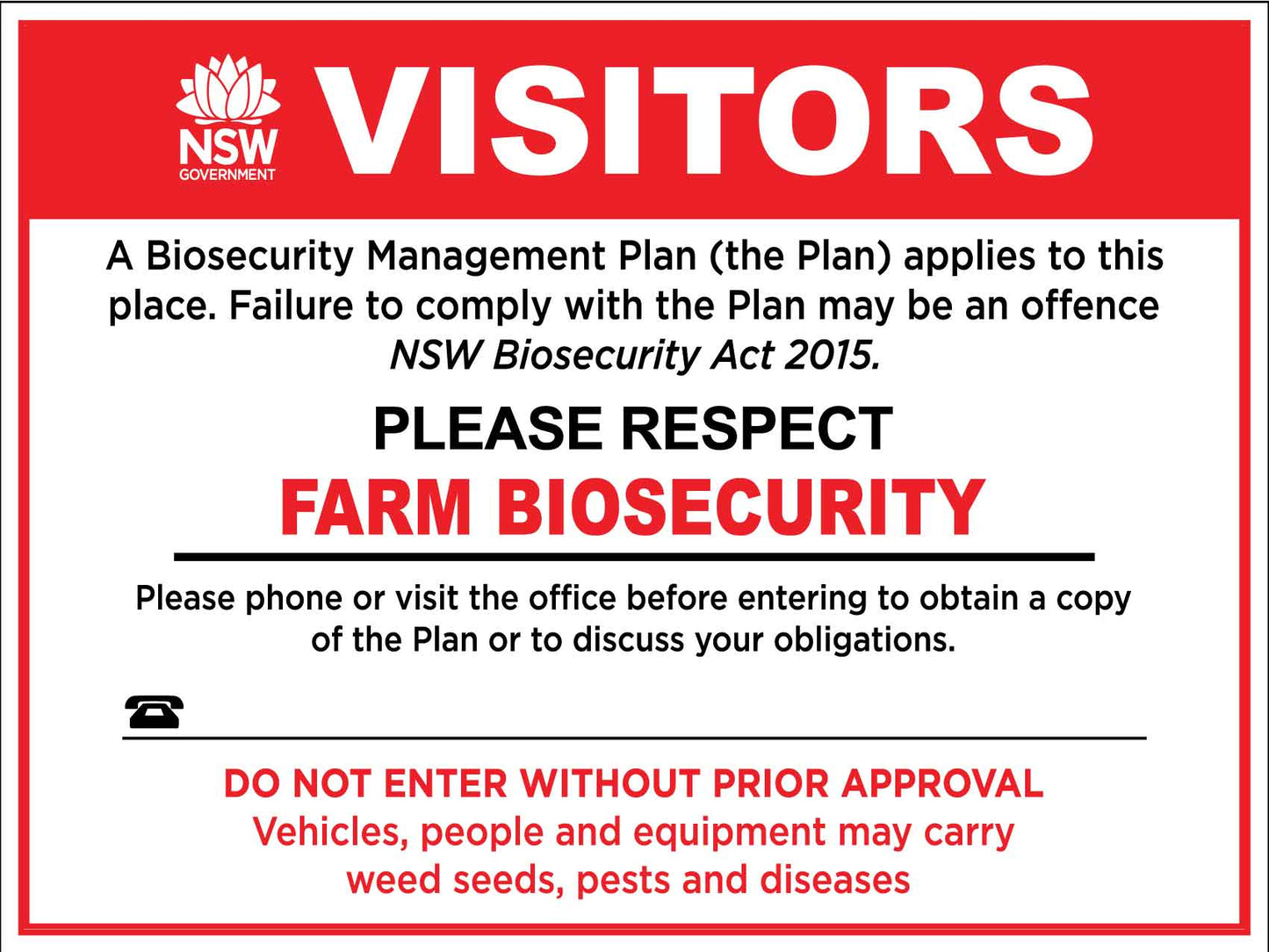 Farm Biosecurity Visitors NSW Management Plan Sign