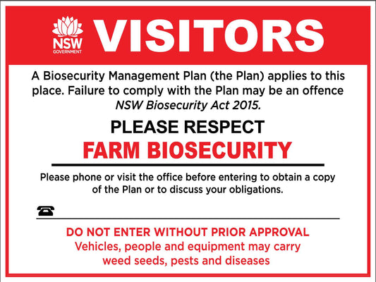 Farm Biosecurity Visitors NSW Management Plan Sign