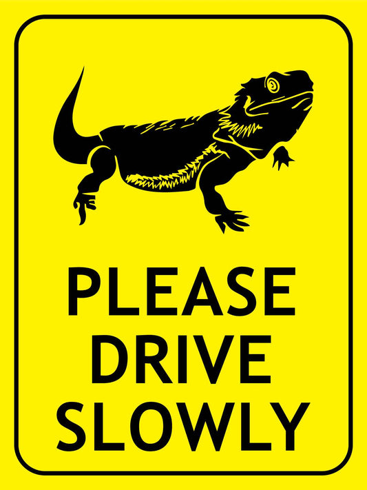 Frilled Neck Lizard Please Drive Slowly Bright Yellow Sign