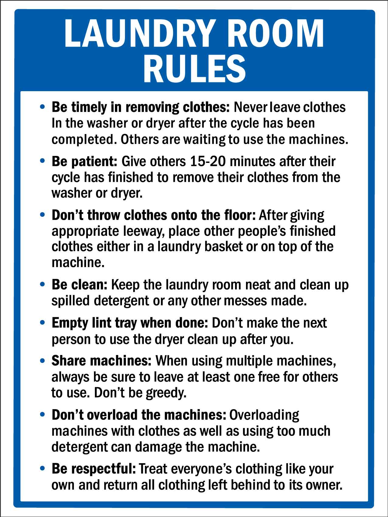 Laundry Room Rules 4 Sign