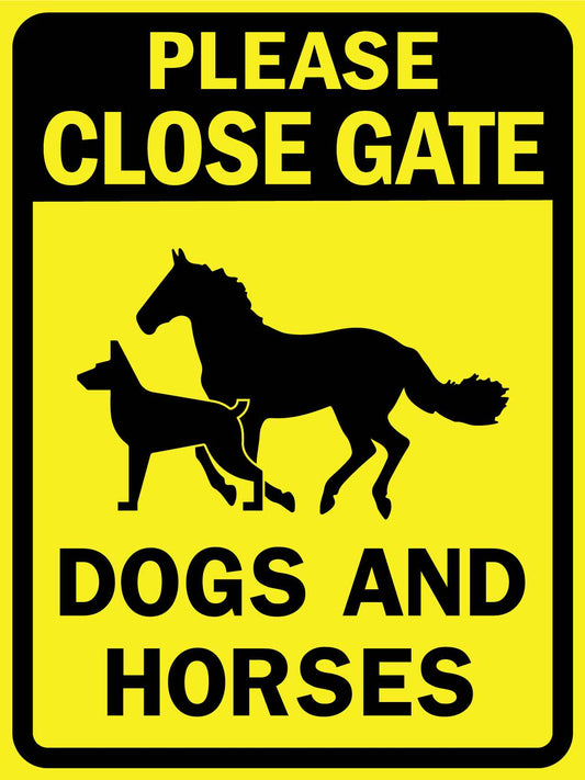 Please Close Gate Dogs and Horses Bright Yellow Sign