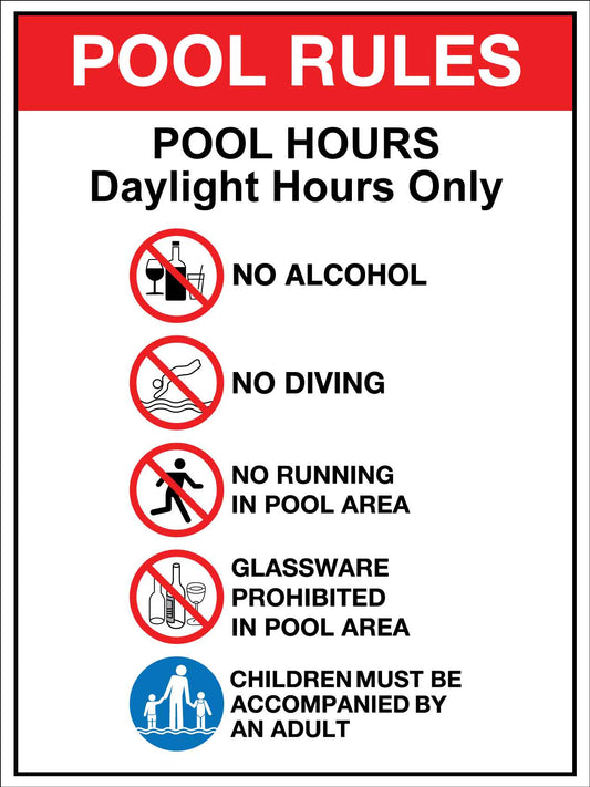 AP Pool Rules 1 Pool Hours Daylight Hours Only Sign